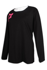 T977 custom-made women's long-sleeved T-shirt hem split design contrast color webbing T-shirt supplier